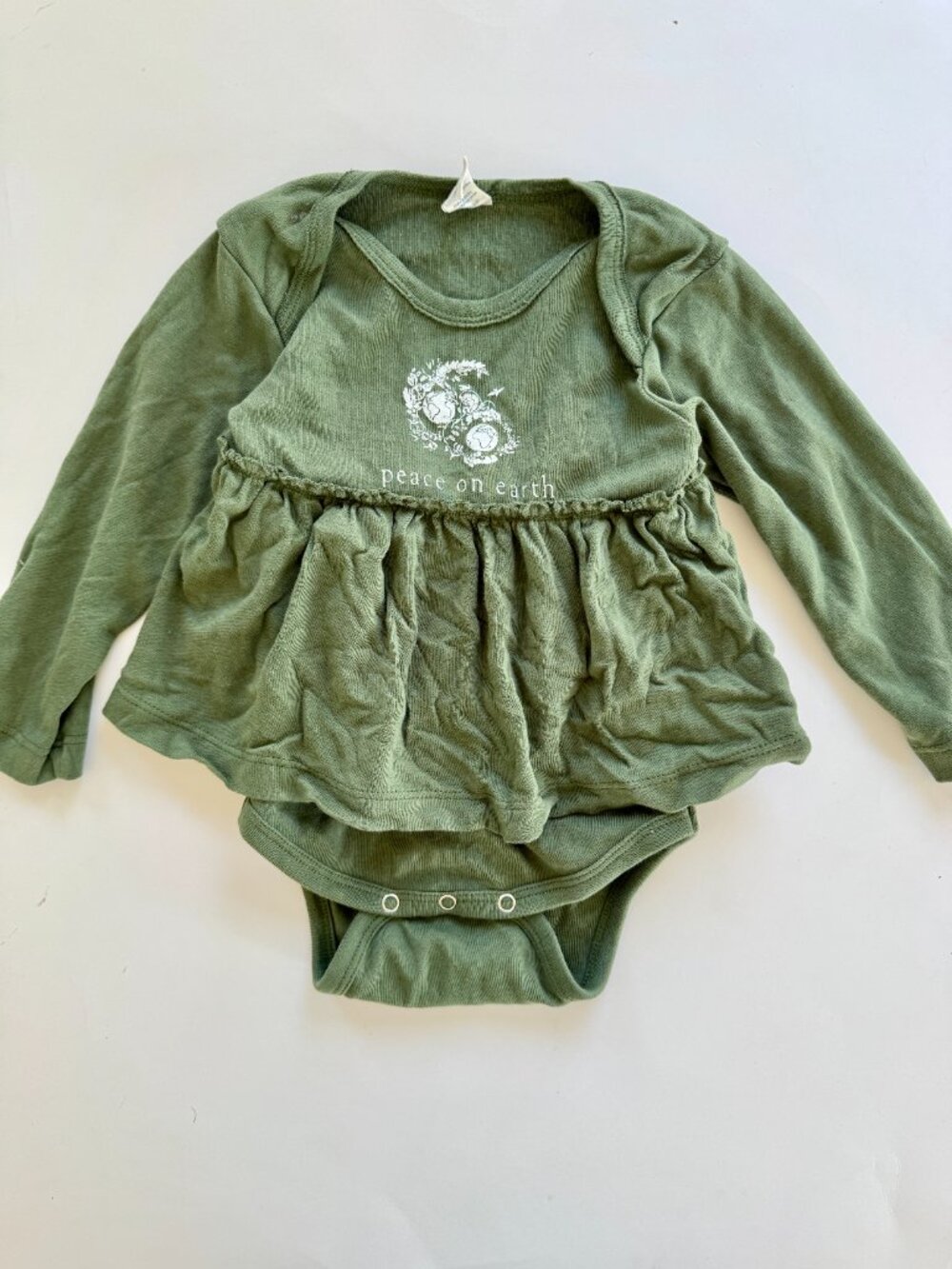 Kate Quinn Peace on Earth Long Sleeve Skirted Bodysuit Green 18-24M Christmas